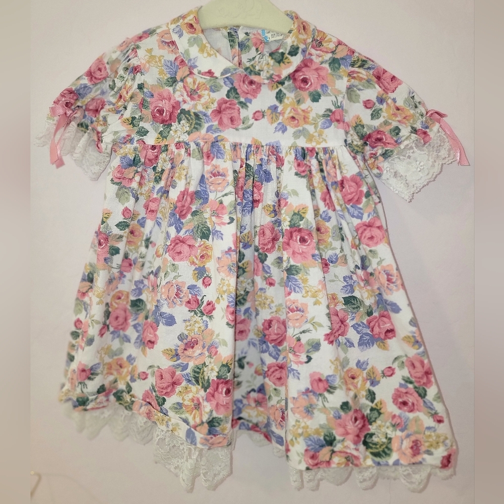 Girls Floral Pink Rose Lace-Trim Dress